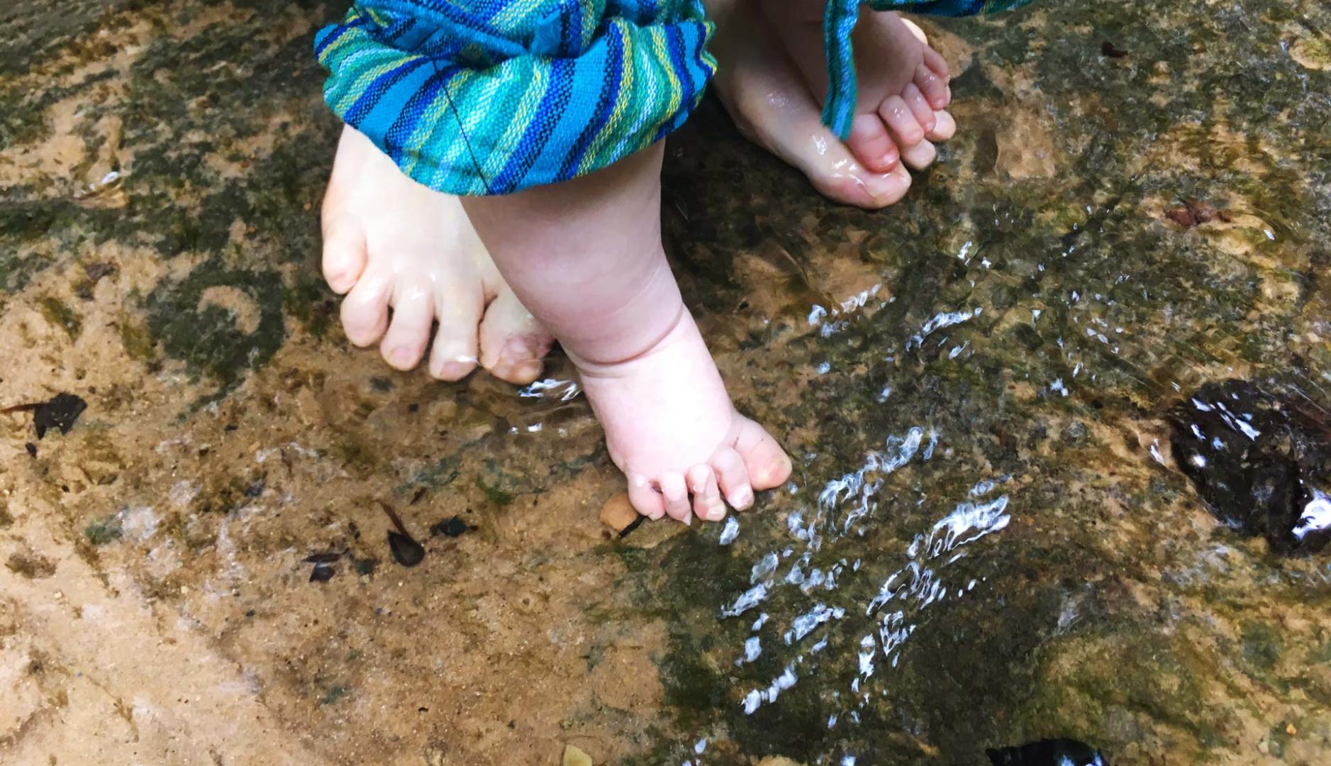 Füße von einem Baby und einem Erwachsenen in einem Bach