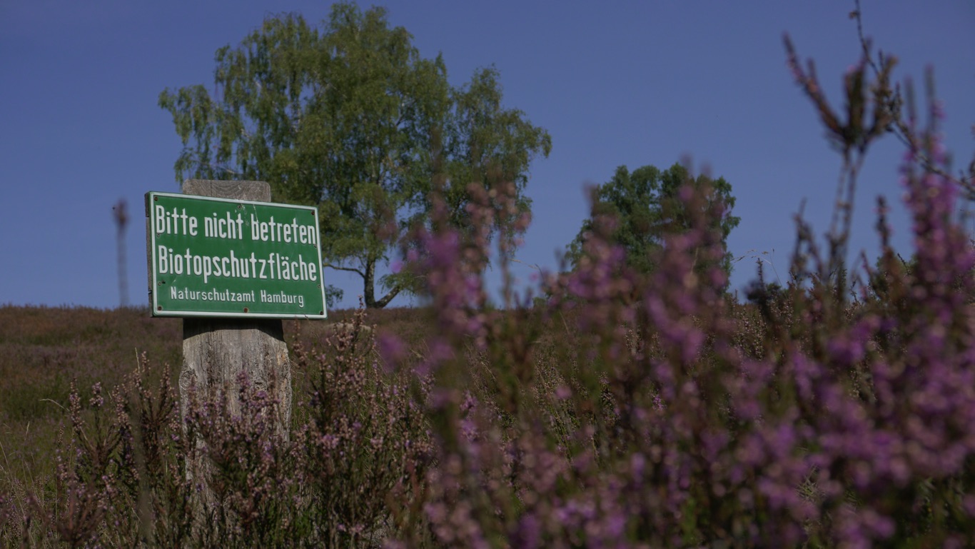 Landschaft mit Schild: "Bitte nicht betreten.
Biotopschutzfl&auml;che"